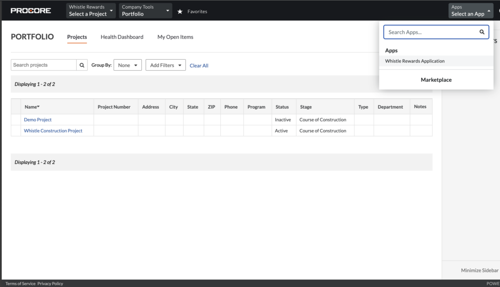 Procore apps screen
