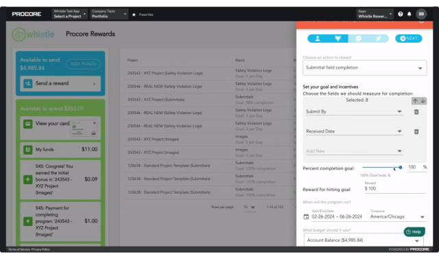 Goal selection slides in Whistle Rewards for Procore