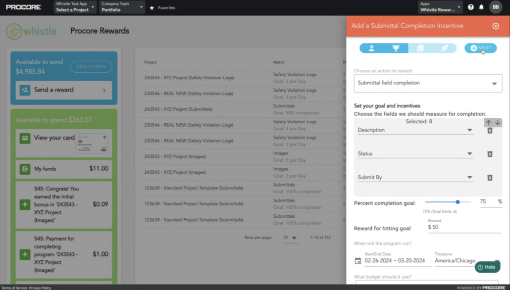 Whistle Rewards in Procore